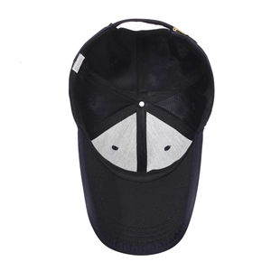 Navy blue cotton baseball cap with adjustable gold metal buckle and internal stitching detail