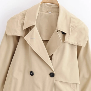 Classic khaki hooded short trench coat with double-breasted buttons and lapel details