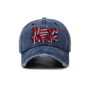 Vintage washed navy denim baseball cap with 3D New York embroidery and distressed brim