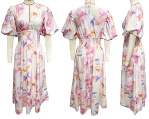Detail view of V-neck puff sleeve midi dress with abstract floral print on white fabric