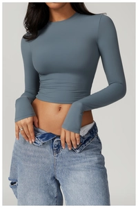 Tight-fit grey-blue long sleeve yoga top with round neck in premium high-elastic fabric