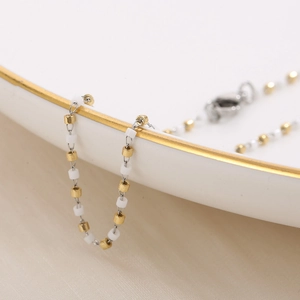 Minimalist gold and white enamel cylinder beads chain necklace in stainless steel