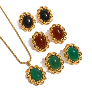 Retro 18K gold stainless steel jewelry set with twisted chain and colorful oval gemstones