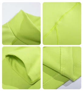 Détail d'un sweat de sport vert fluo montrant le col montant et les coutures plates