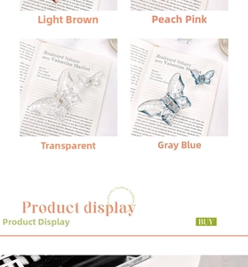 Detailed butterfly hair clips in transparent pink, blue, brown, and clear finishes