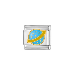 Italienischer Edelstahl-Charm mit Planeten-Design in blauem und goldenem Emaille