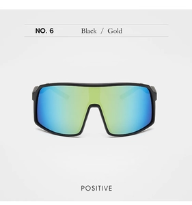 Front view of black sports sunglasses with gradient blue-green mirrored lenses