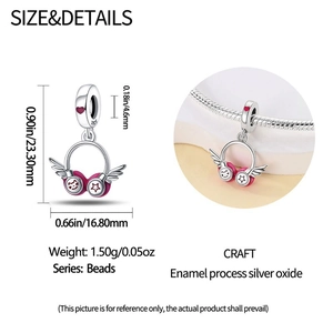 Detailed size specifications for the silver headphone charm with rose red enamel finish