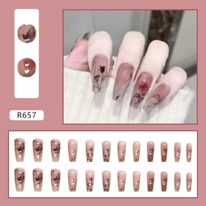 Long ballet press-on nails with ink wash rose gradient in dusty pink aesthetic