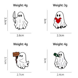 Cartoon Halloween ghost enamel pins set featuring spooky spirits with BOO signs and daggers
