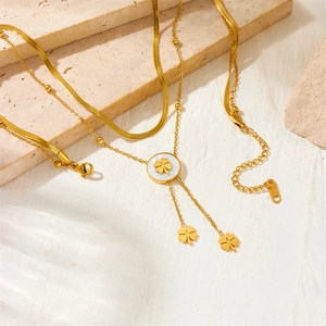Double-layered gold titanium necklace with shell flower pendant and flat snake chain