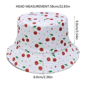Detailed dimension chart for white bucket hat with red cherry embroidery and green leaves