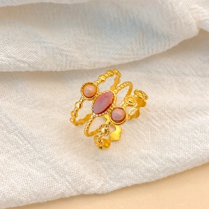 Detail of 18K gold-plated multi-layer ring with pink natural stones and beaded texture