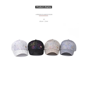 Detailed showcase of four colorful mesh baseball caps with metallic M logo and camo pattern