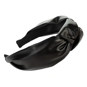 Classic black PU leather knotted headband with wide rim and fine texture design