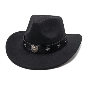 Classic black felt cowboy hat featuring silver heart and star metal accents on a leather band
