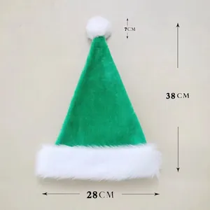 Detailed dimensions of green plush Christmas hat with white faux fur trim and pompom