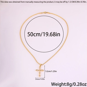 Detailed size map of gold cross necklace with crystal zircon and measurements