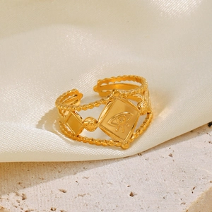 Evil Eye Ring Stainless Steel Gold Plated Adjustable Open Geometric Rhombus Beaded Band Jewelry For Women