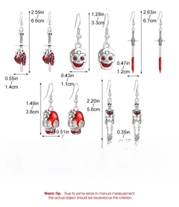 Detailed size chart for gothic Halloween earrings including skull and heart dagger motifs