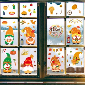 Autumn Thanksgiving Gnomes Window Clings Pumpkins Maple Leaves Thank You Wreath Fall Harvest Static PVC Window Decals