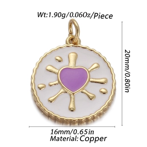Detailed dimensions of orange heart pendant in copper with purple enamel and gold finish