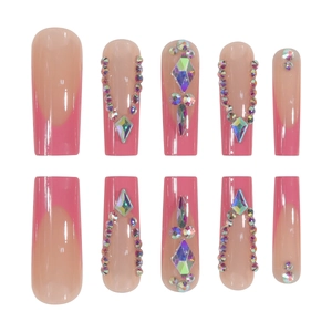 Pink French long ballerina press-on nails set with rhinestones and colorful gemstones
