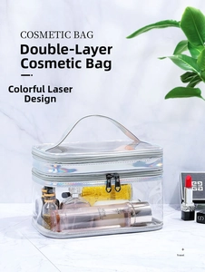 Detail view of double-layer laser PVC toiletry bag with clear waterproof storage sections