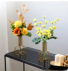 Modern gold metal wire frame flower vase with clear glass tube on a sleek black surface