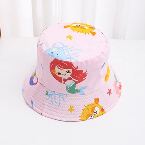 Detailed view of pink kids bucket hat with mermaid and ocean animal cartoon prints