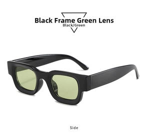 Seitenansicht der Retro-Sonnenbrille in Schwarz mit grünen Gläsern und dickem Rahmen