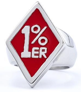 Detail of vintage punk motorcycle ring featuring red enamel shield and 1% ER logo