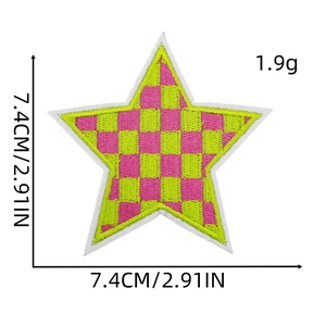 Pink and green checkered star embroidery patch dimensions showing 7.4cm size