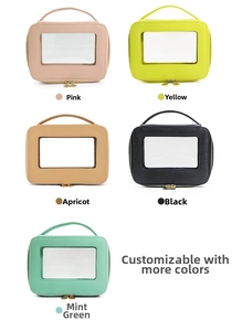 Macro detail of portable PVC makeup bags in multiple colors with clear window and top handle