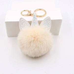 Cute Unicorn Faux Fur Pom Pom Keychain For Women Glitter Unicorn Horn Plush Ball Bag Charm Key Ring Accessories Gift