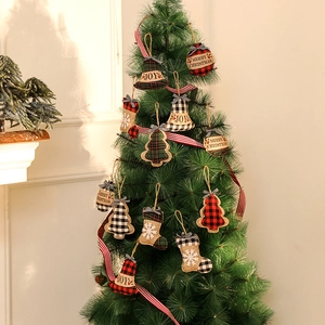 Lot de suspensions de Noël en tissu à carreaux et toile de jute pour sapin de Noël