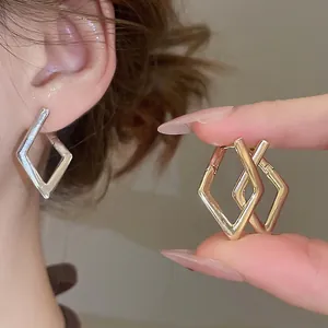 Minimalist Geometric Rhombus Hoop Earrings For Women Copper Jewelry With 925 Sterling Silver Earring Post Polished