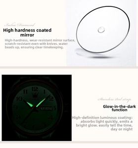 Detail of OLEVS watch showing hydrophobic coating and green luminous hands for night view