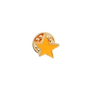 Detail of yellow star enamel pin badge showing front and golden butterfly clutch back