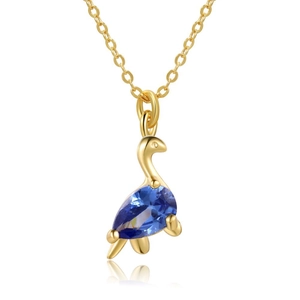 18K gold plated necklace with cute dinosaur pendant and pear-cut blue gemstone