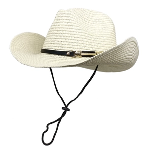 Wide brim straw cowboy sun hat for men with adjustable chin strap in beige finish