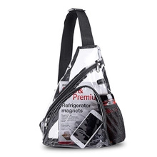 Detailed view of clear PVC crossbody bag with black zipper trims and mesh side pocket