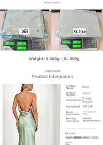 Detail view of sage green satin backless dress with weight comparison and fabric specs