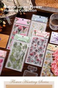 Detail of transparent PET botanical stickers featuring realistic floral patterns