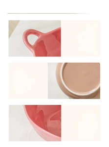 Pink ceramic bowl detail showing heat-resistant handles and non-slip bottom base