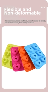 Macro detail of flexible multi-colored heart-shaped silicone molds for baking and desserts