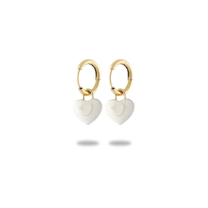 Close-up of golden hoop earrings with white enamel heart-shaped pendants on white background