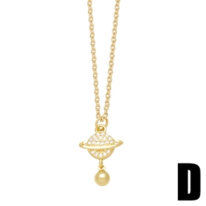 Elegant gold Saturn pendant necklace with sparkling zircons and a polished gold bead drop