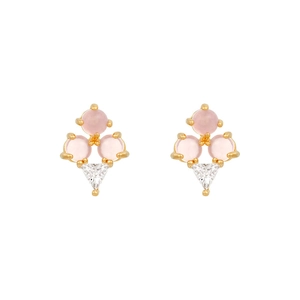 Detailed close-up of cute pink and white gemstone ice cream stud earrings in gold setting