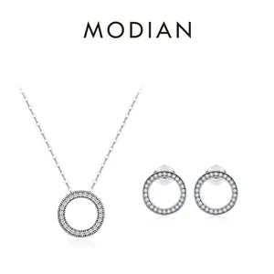Round Zircon Necklace And Stud Earrings 925 Sterling Silver Retro Minimalist Luxury Jewelry For Women